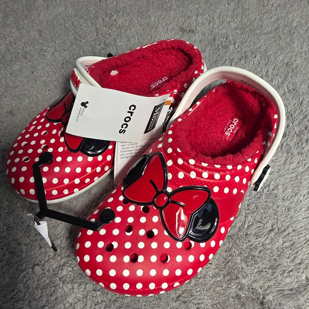 Crocs Minnie‎ Mouse Disney Red Polka Dot Fleece Lined Clogs J3 Girls 3 NEW